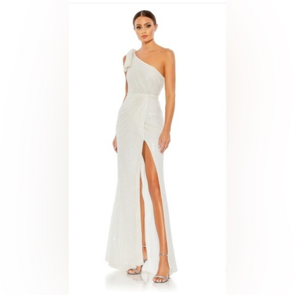 Pearl Embellished Gown With Bow Shoulder Detail